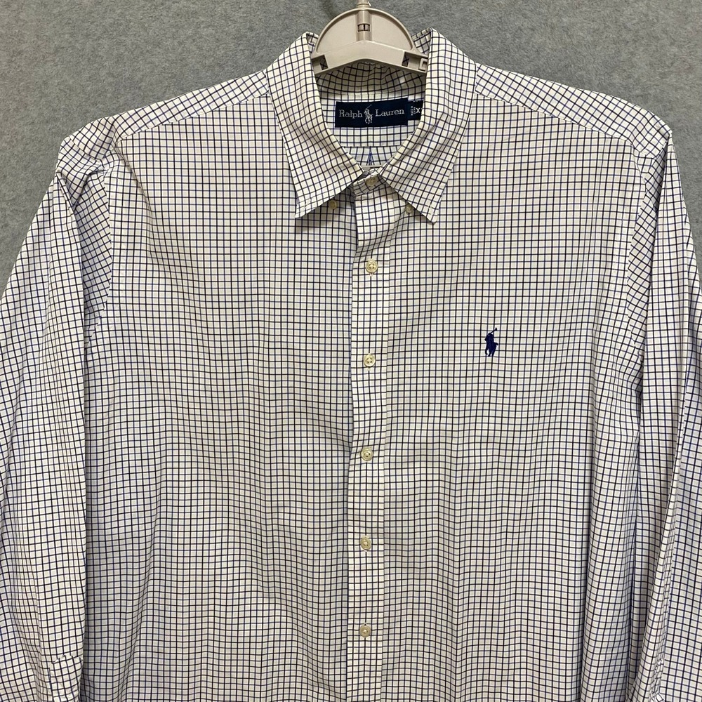 Ralph Lauren Men's XXL White Blue Check Long Sleeve 100% Cotton Button Up Shirt - Picture 3 of 7